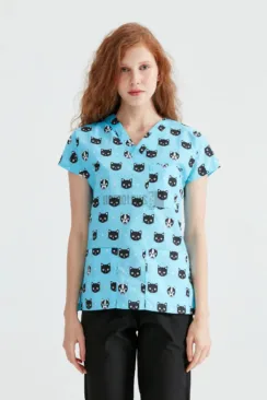 Des Vu Demoteks Cat Turquoise - Women - Blouse with Print
