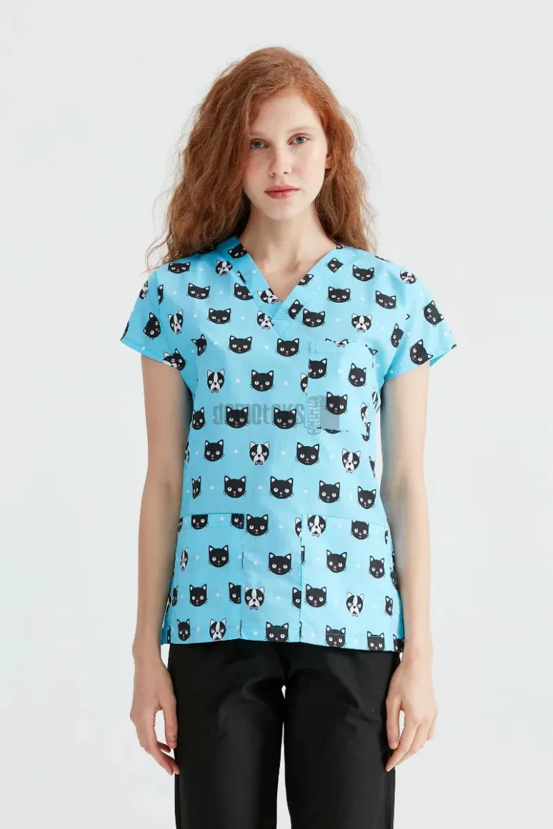 Des Vu Demoteks Cat Turquoise - Women - Blouse with Print