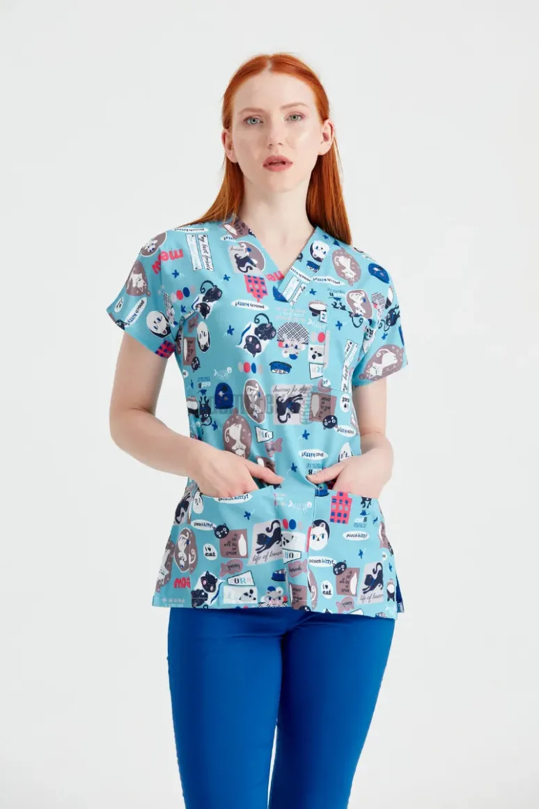 Des Vu Demoteks Cats Turquoise - Women - Blouse Elastane with Print
