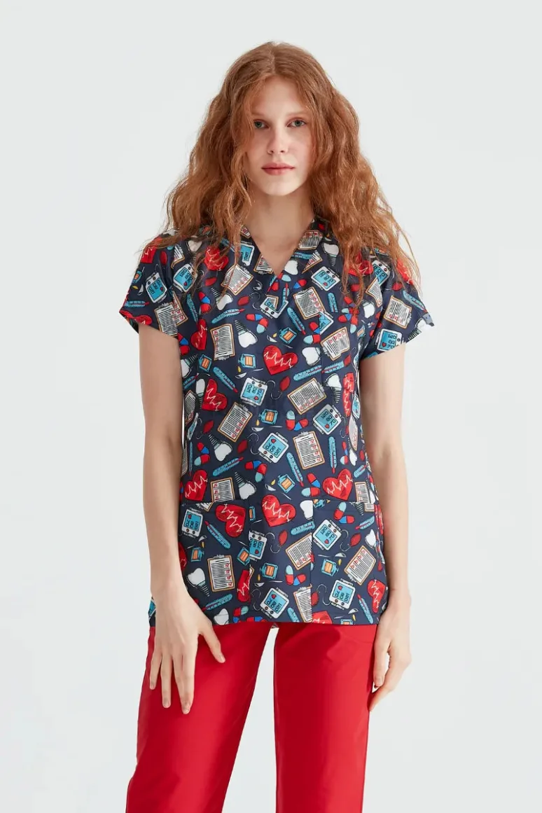 Des Vu Demoteks Hearts Blue Cardio - Women - Blouse Elastane with Print