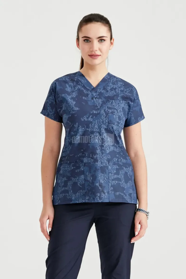 Des Vu Demoteks Navy Blue Camouflage - Women - Blouse Elastane with Print
