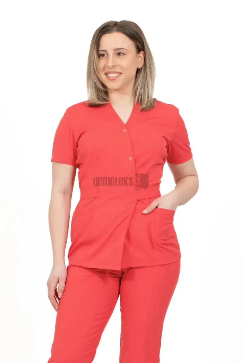 Des Vu Demoteks Coral Red - Women - Belted Scrub Set Elastane